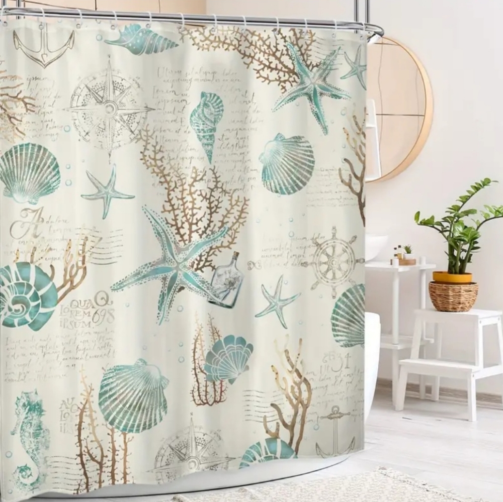 HOME ESSENTIALS "SEASHELLS & STARFISH" PRINT WHITE SHOWER CURTAIN  NWT